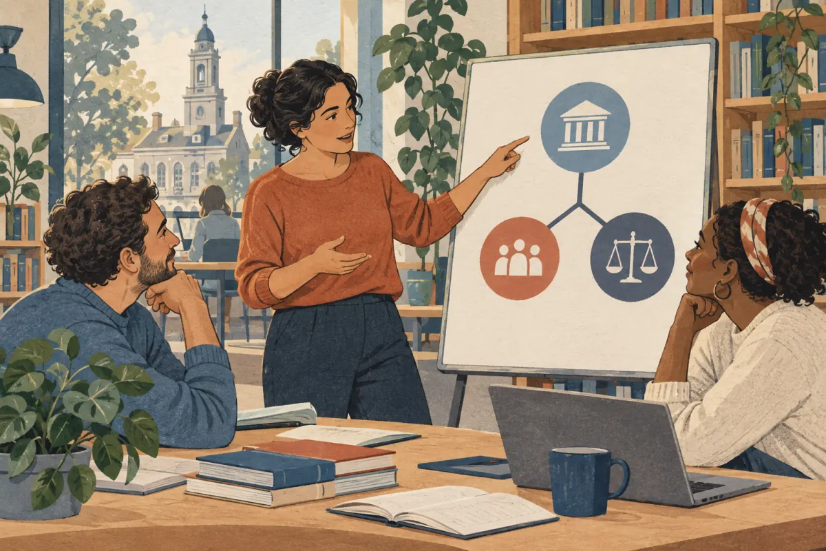 Residents discuss the roles of public institutions around a diagram in a library.