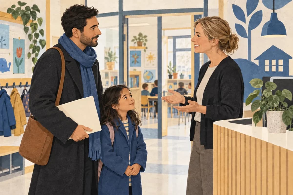 Youssef and his daughter speak with a school staff member during a visit.
