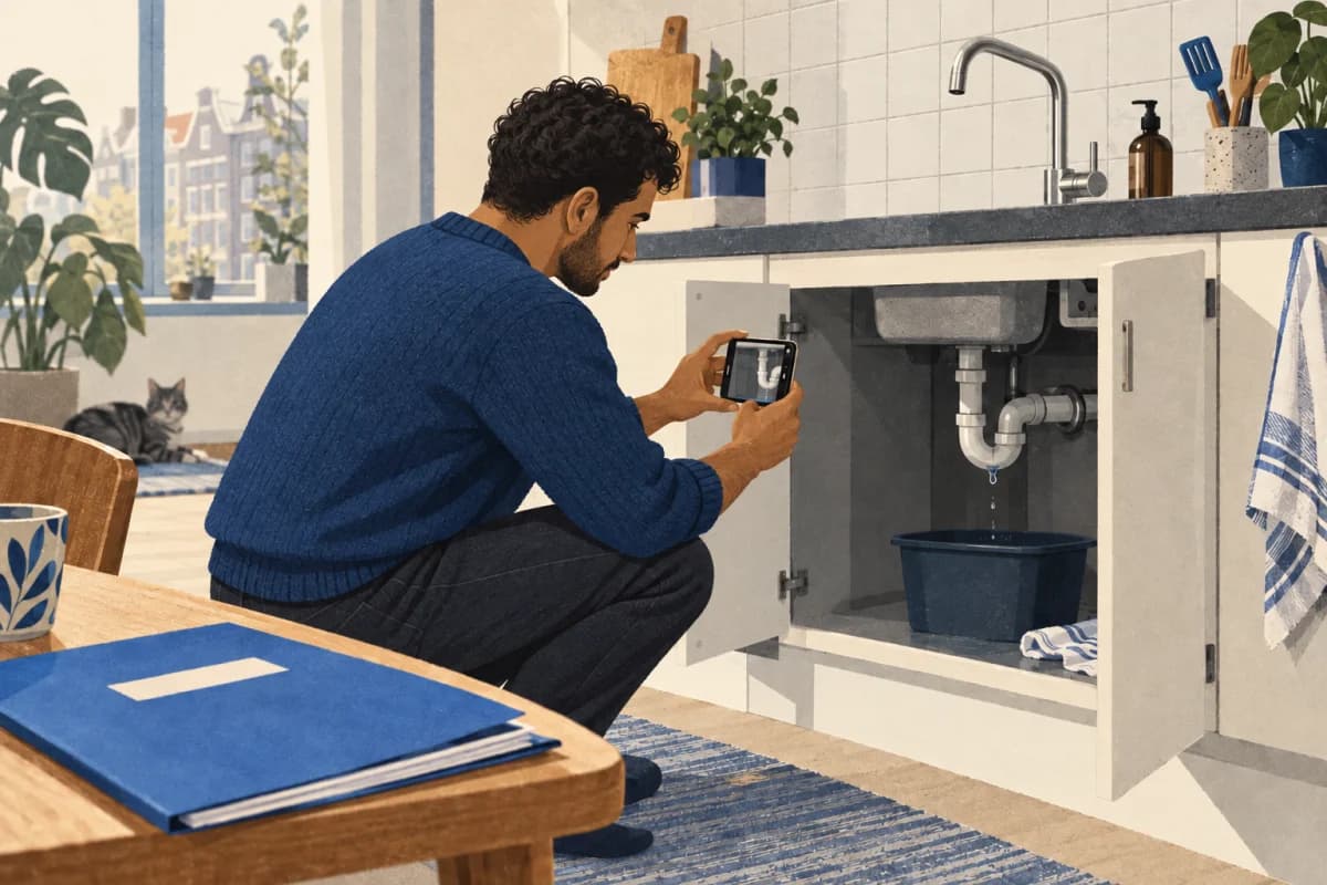 Amir photographs a leak under the kitchen sink.
