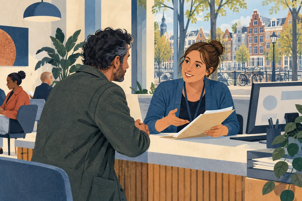 A resident speaks with a staff member at a municipal service counter.