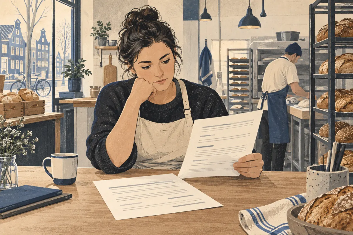 A bakery worker reads papers at a table.